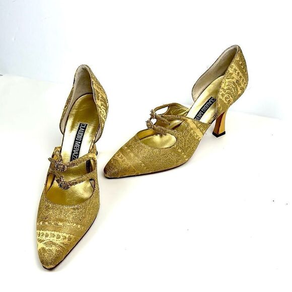 CLAUDIO MERAZZI Gold Brocade Formal Pumps Pointed Toe Embellished Details US 7,5 - Picture 4 of 16